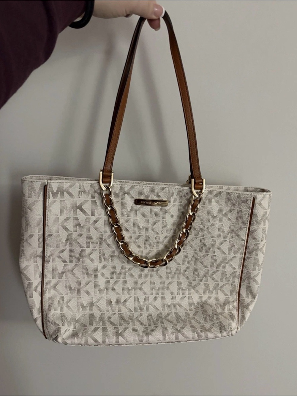 Michael Kors Cream MK Logo Tote with Brown Leather Straps and Gold Chain